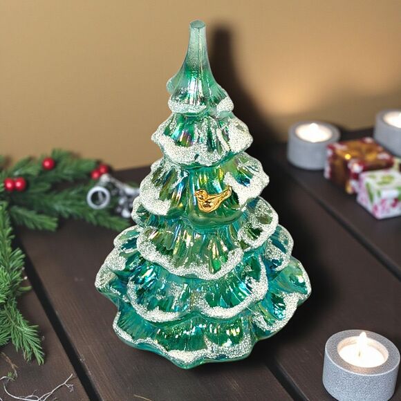 Fenton Style Iridescent Glass Christmas Tree w/ Gold Bird & Snow Flocking 6.5" - Picture 1 of 8